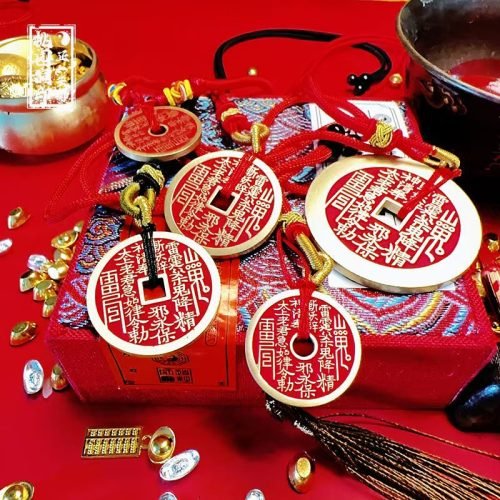 Taoist cinnabar mountain ghost spending pendant, handmade necklace, brass eight trigrams copper coin, safe and auspicious for wealth